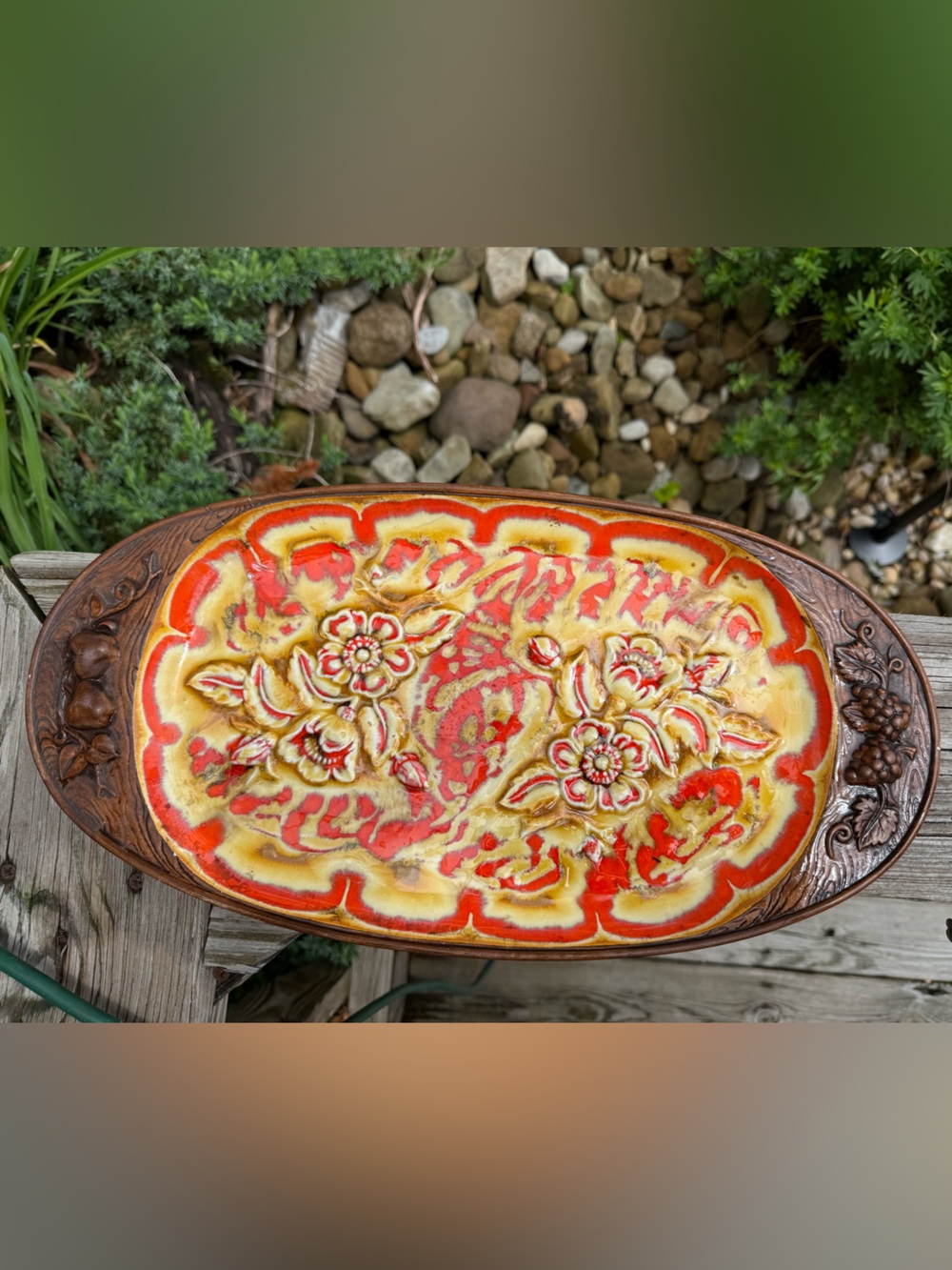 Vintage Floral platter Orange brown MCM Yellow treasure craft 1960 1979